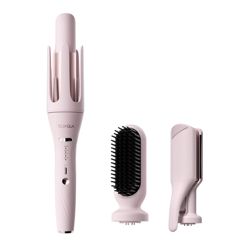 5 in 1 Auto Curling Iron Set with Interchangeable Barrels - 1", 1.25", 1.5" Curling Wand, Hair Crimper & Straightening Brush, Ro