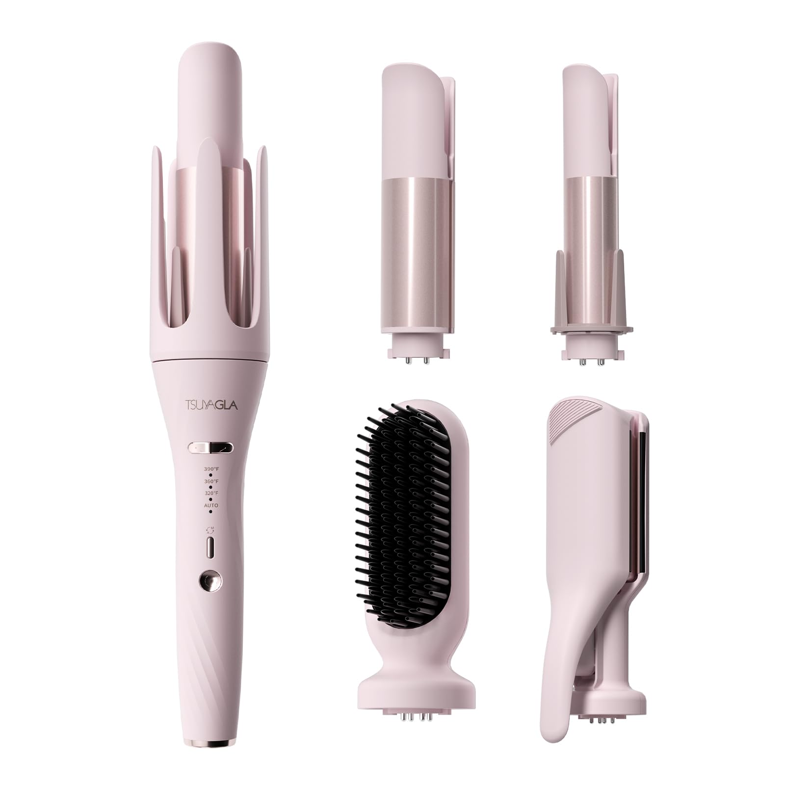 5 in 1 Auto Curling Iron Set with Interchangeable Barrels - 1", 1.25", 1.5" Curling Wand, Hair Crimper & Straightening Brush, Ro