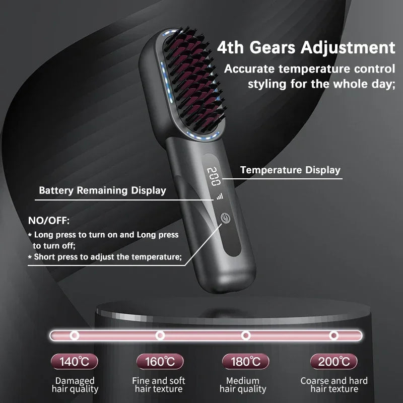 Portable Wireless Hair Straightener 4 Temp Settings Type-C Straight Hair Comb LCD Display Mini Straightening Comb